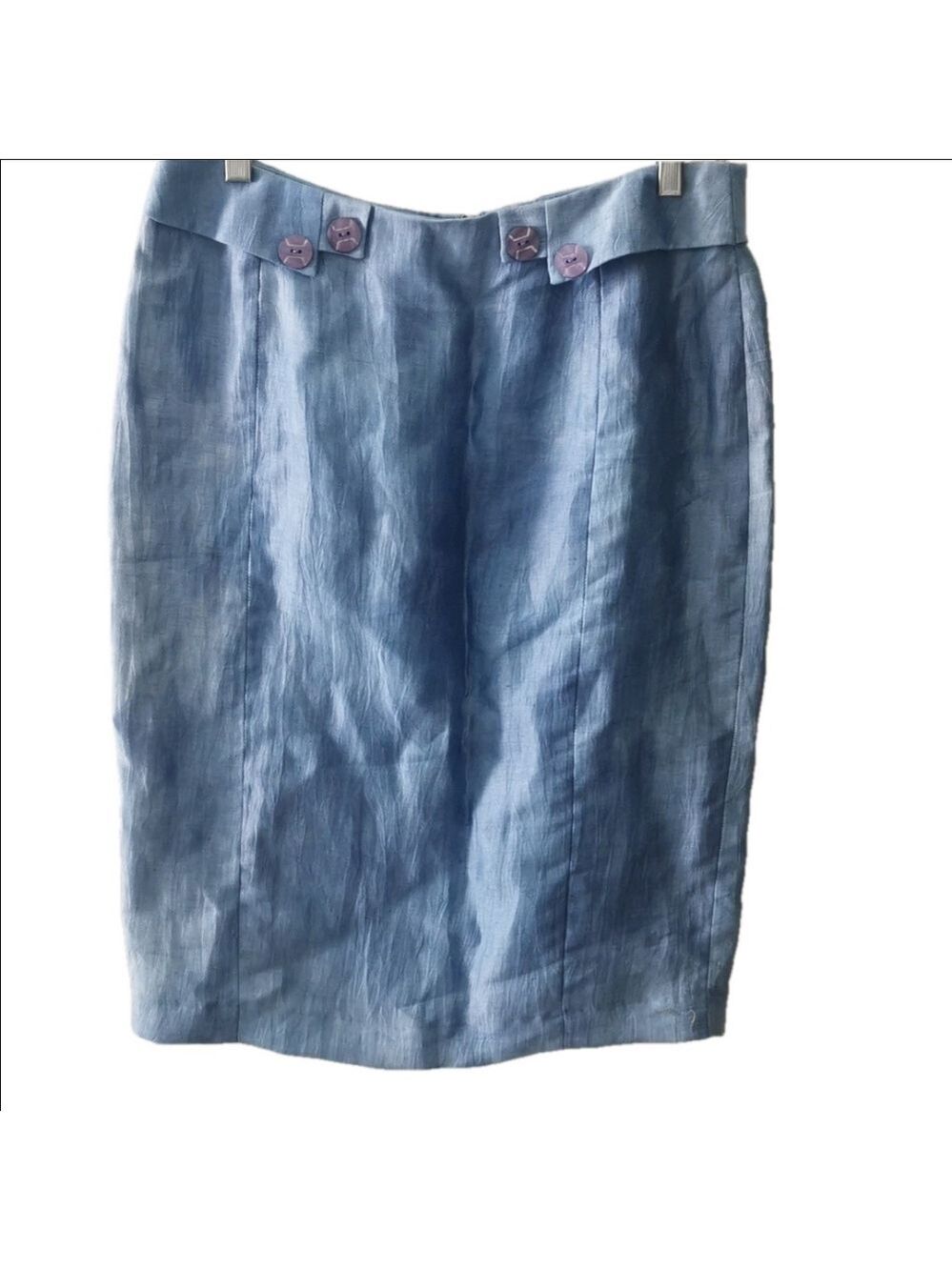 Simon Chang blue linen blend pencil skirt with button details. Size 6. EUC